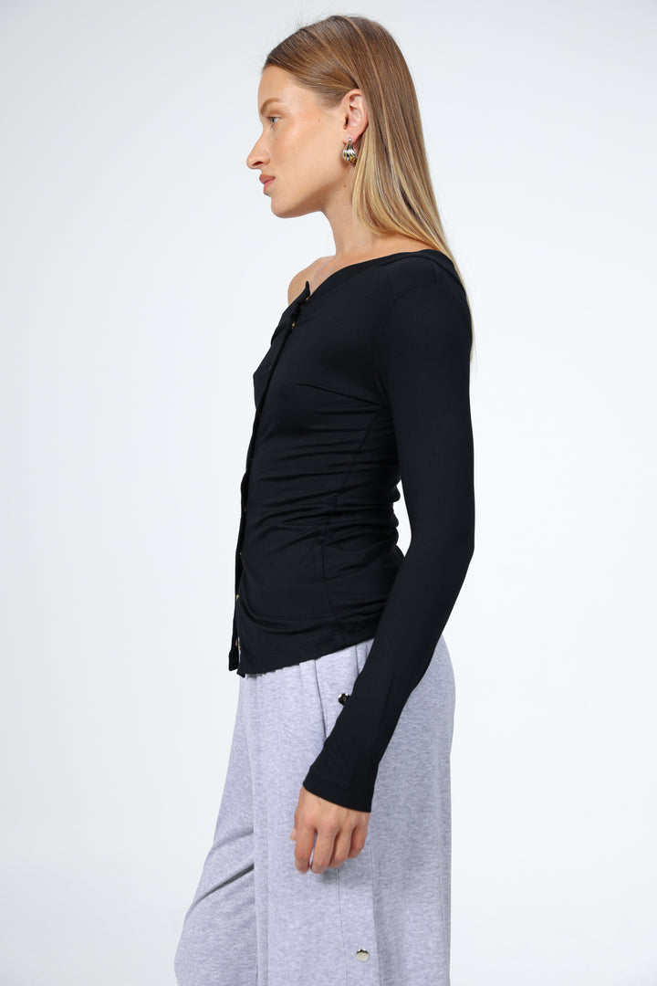 Luna Snaps Black One Shoulder Top