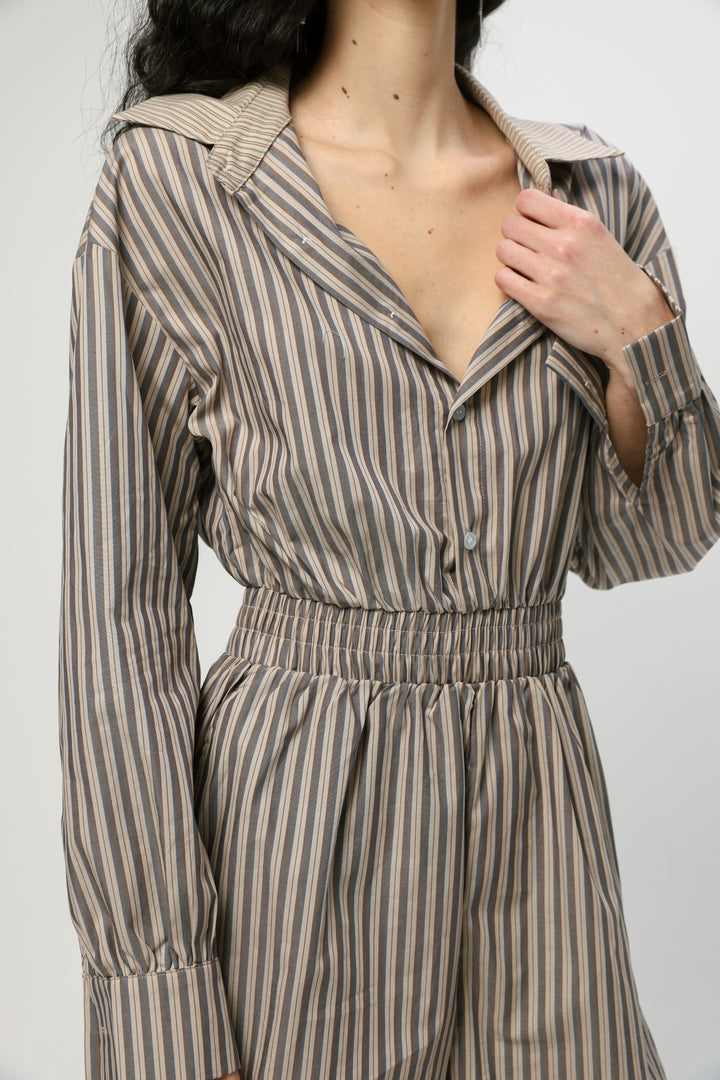 Brown Striped Buttoned Jumpsuit
