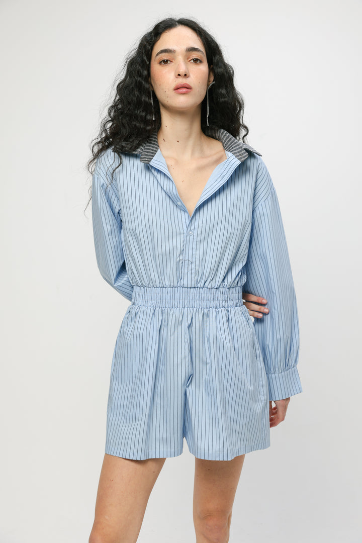 Blue Striped Buttoned Jumpsuit