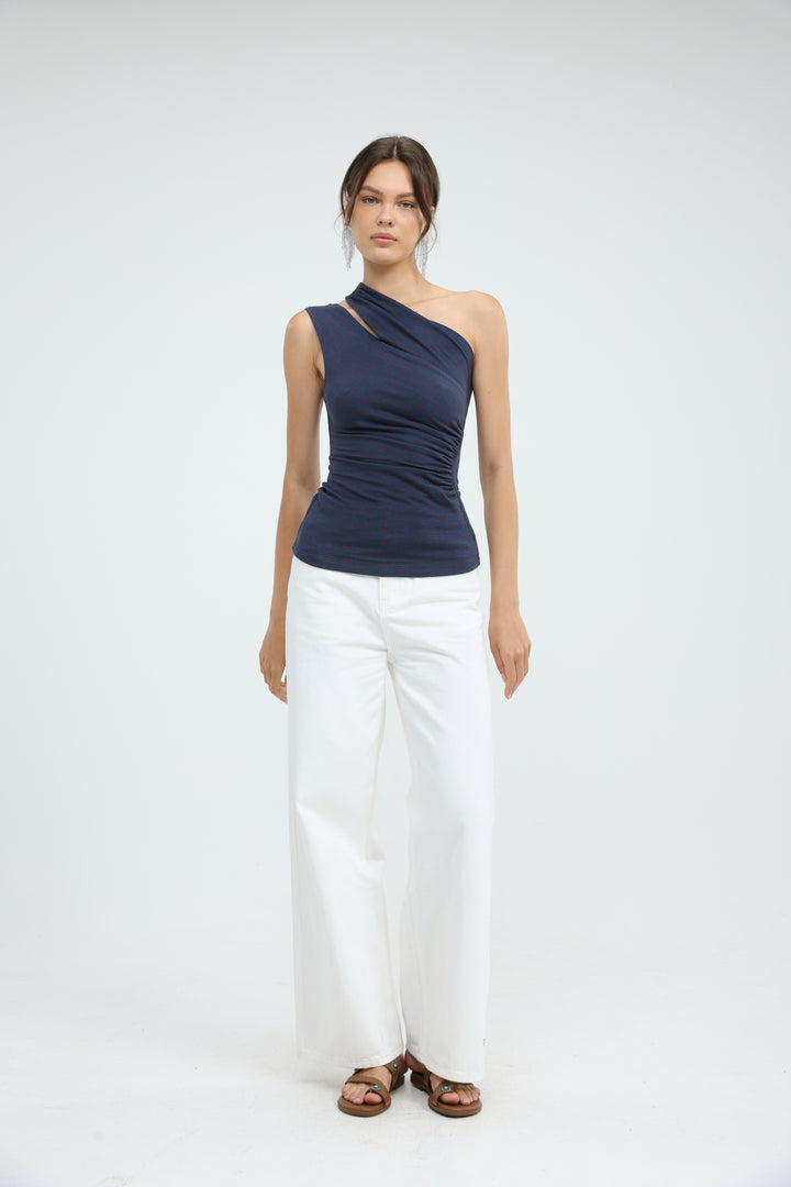 Fade Navy Dots One Shoulder Top