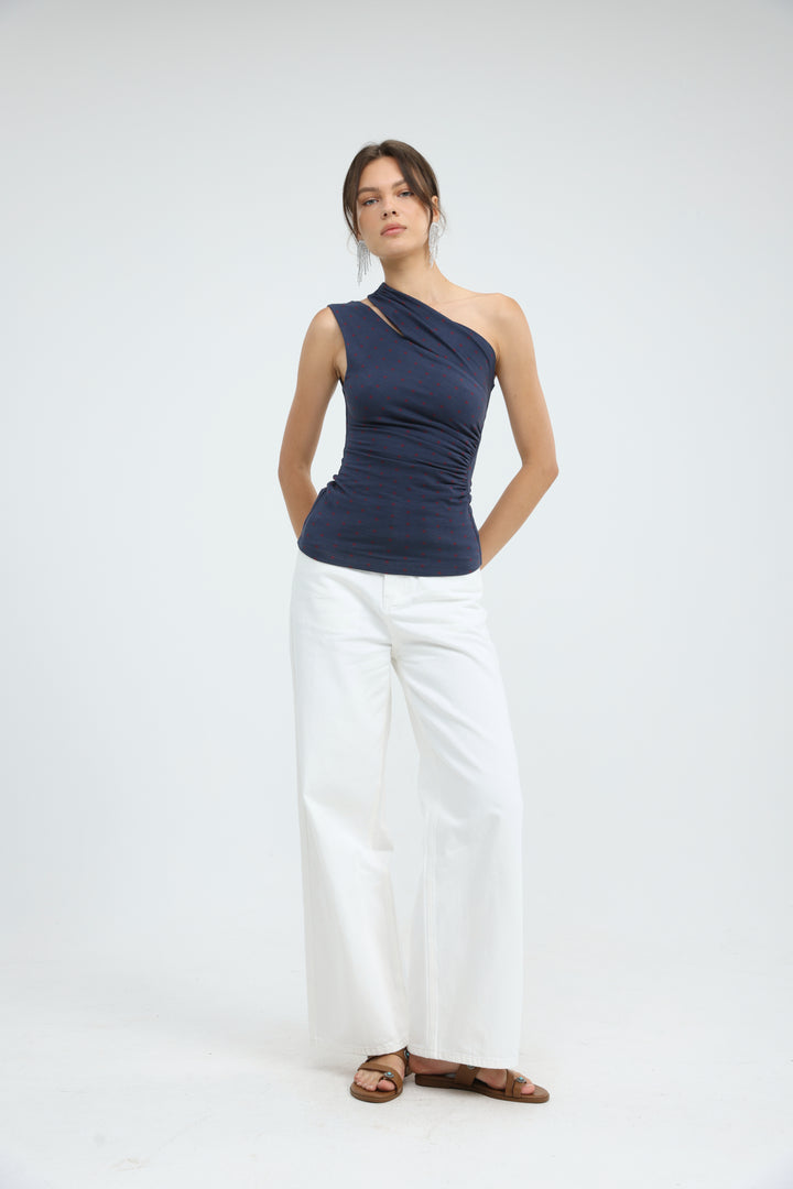Fade Navy Dots One Shoulder Top