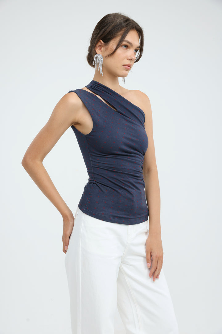 Fade Navy Dots One Shoulder Top