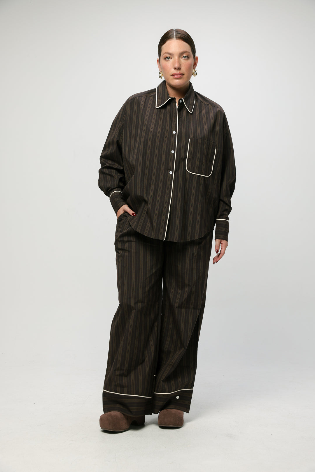 Piped Brown Striped Shirt