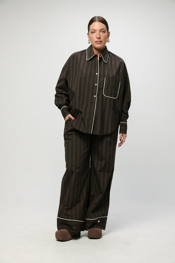 Piped Brown Striped Shirt