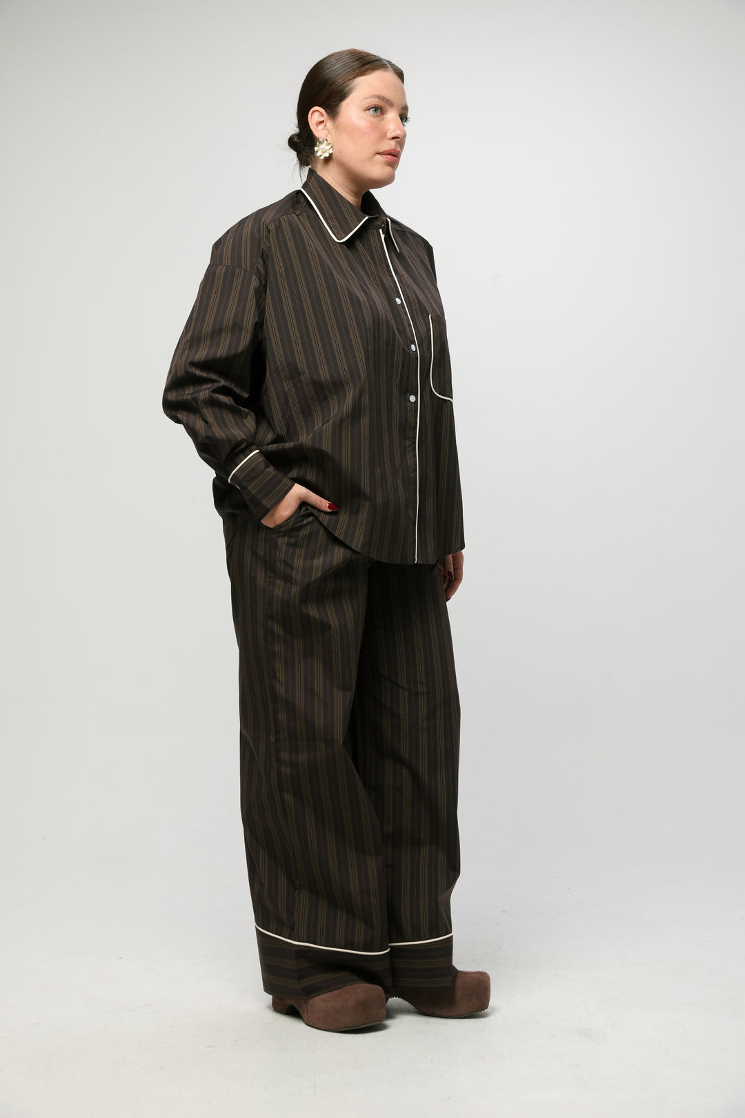 Piped Brown Striped Shirt