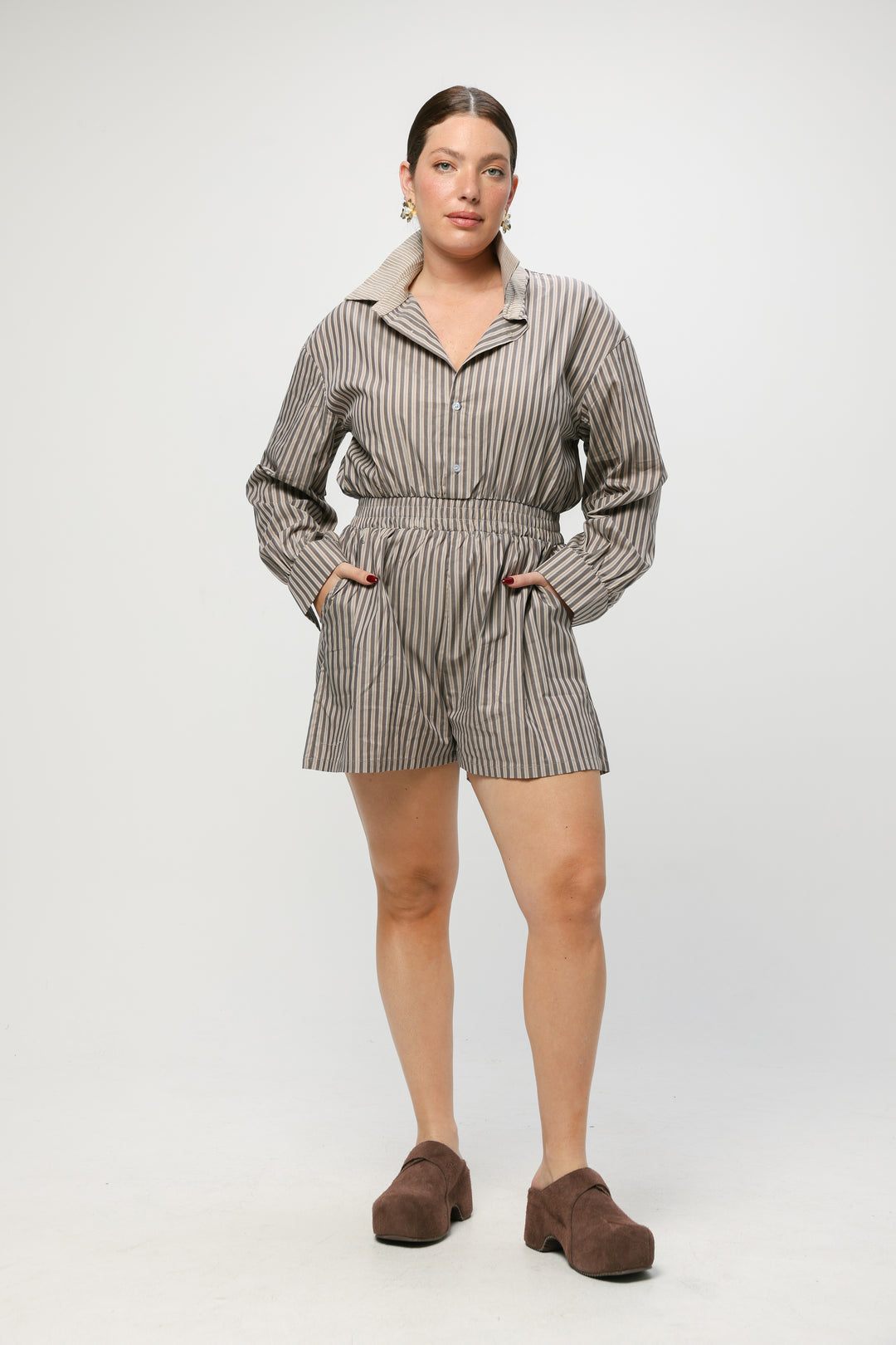 Brown Striped Buttoned Jumpsuit