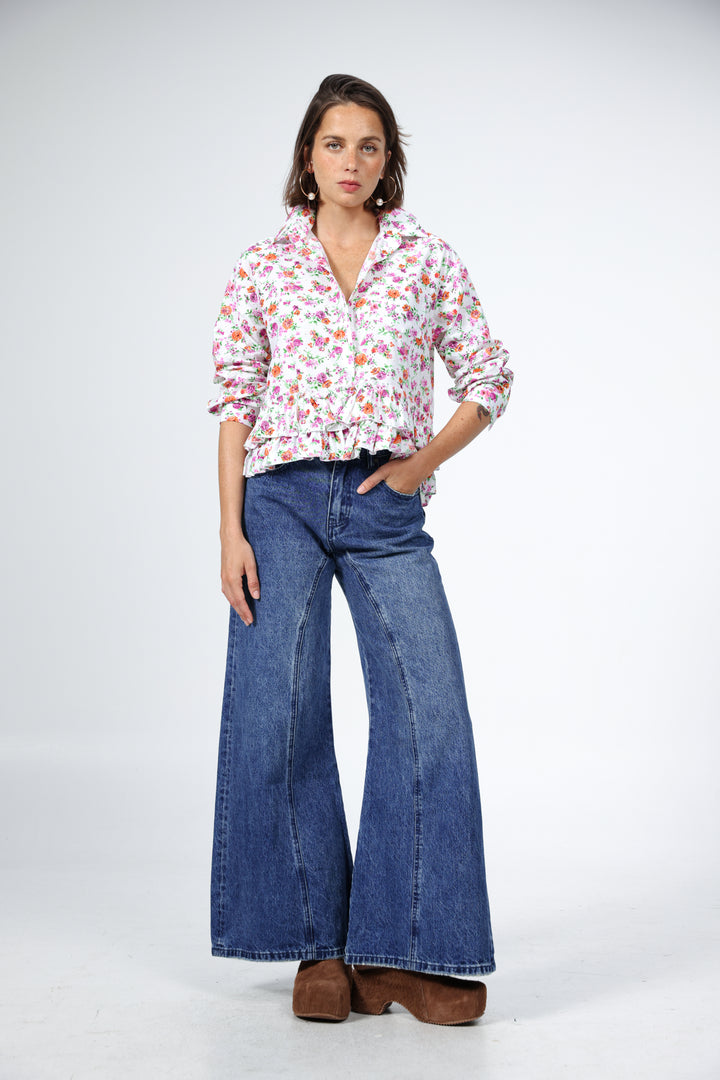 חולצה פרחונית נשים בד 100% כותנה Ruffle Floral Buttoned Shirt 