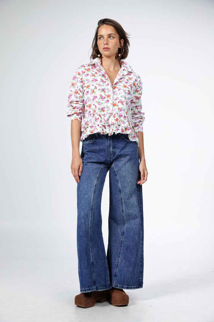 חולצה פרחונית מכופתרת לאישה מידה XS Ruffle Floral Buttoned Shirt 