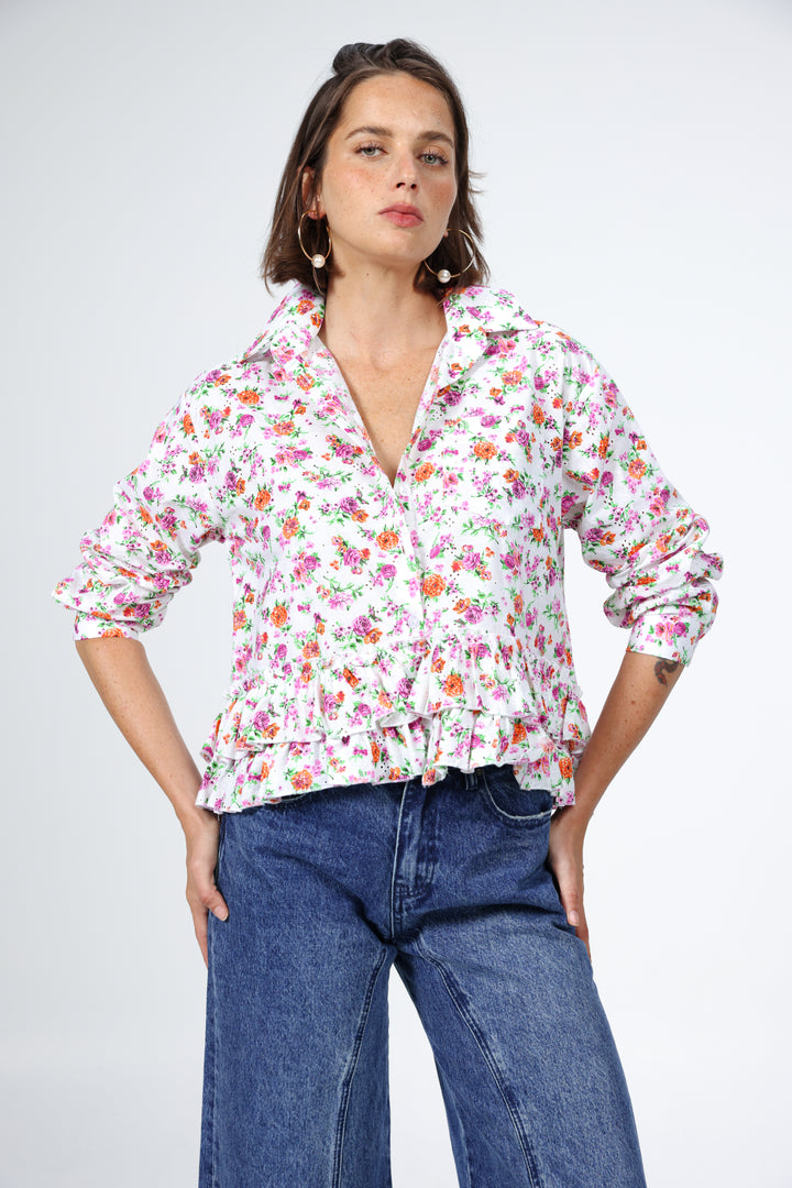 חולצה פרחונית עם קפלים וכפתורים Ruffle Floral Buttoned Shirt 