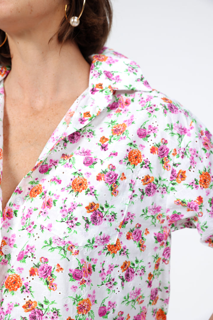 חולצה פרחונית לנשים עם צווארון קלאסי Ruffle Floral Buttoned Shirt 
