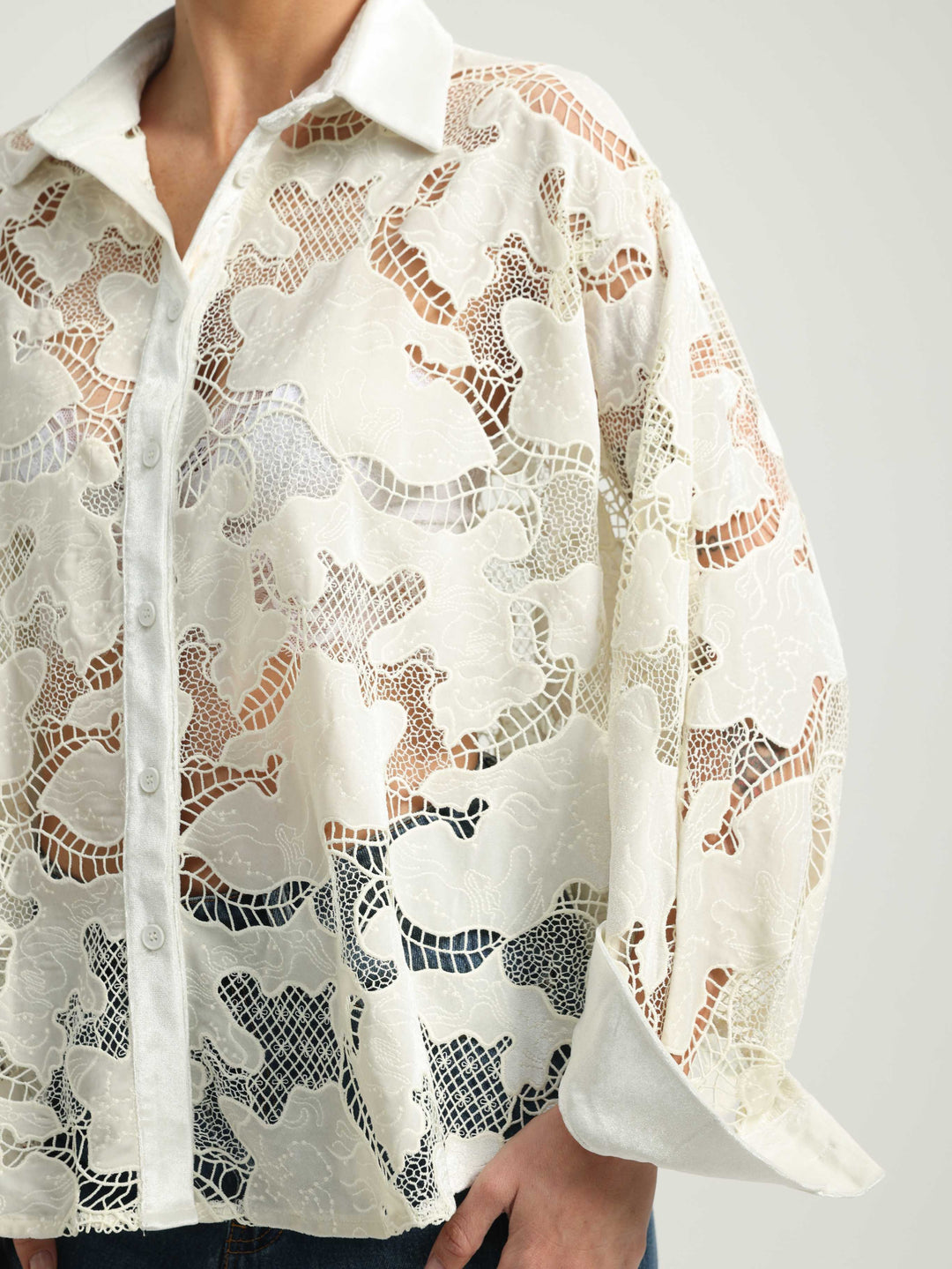 Floral White Lace Buttoned Shirt