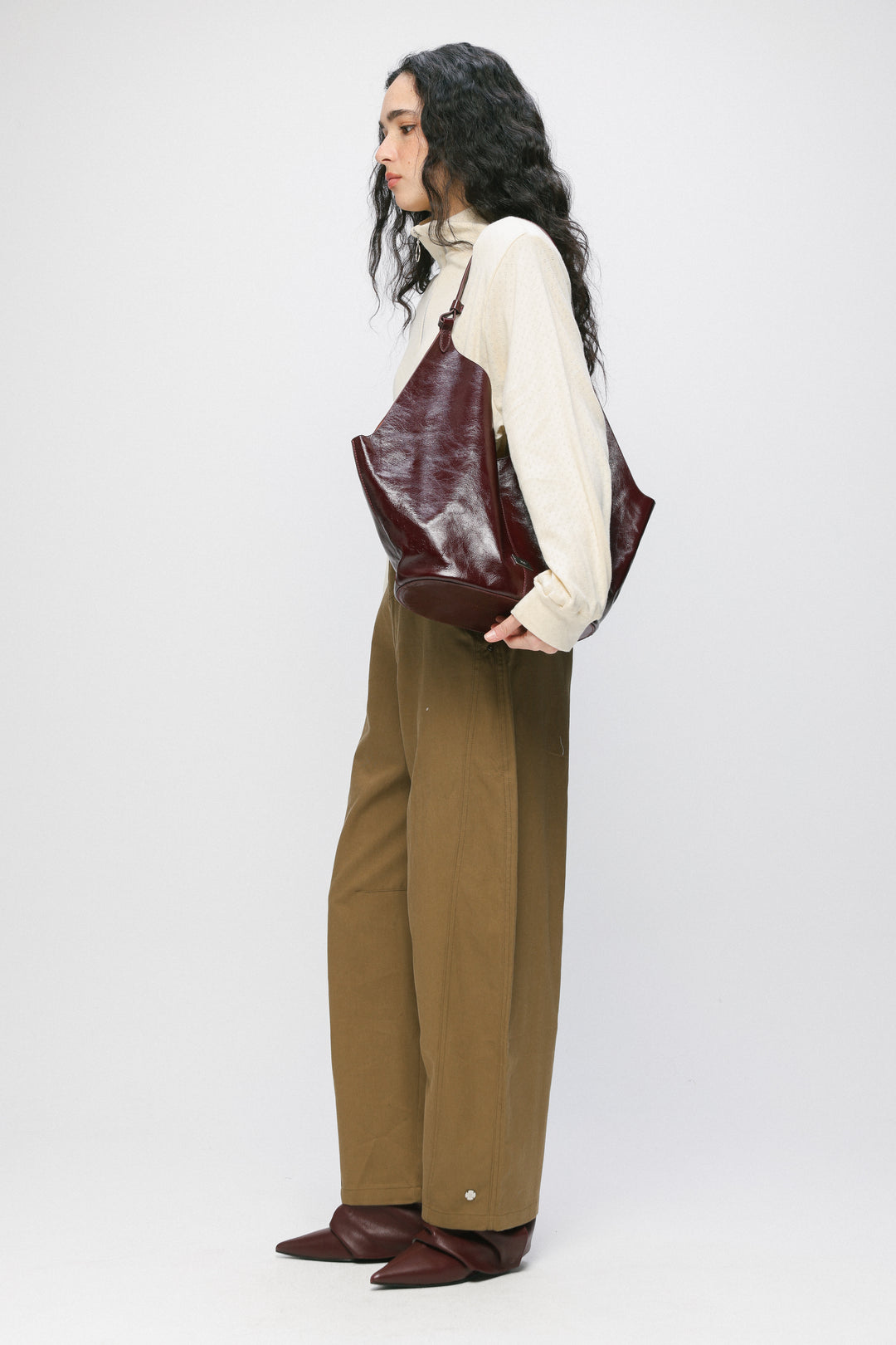 Shiny Brown Leather Shoulder Bag