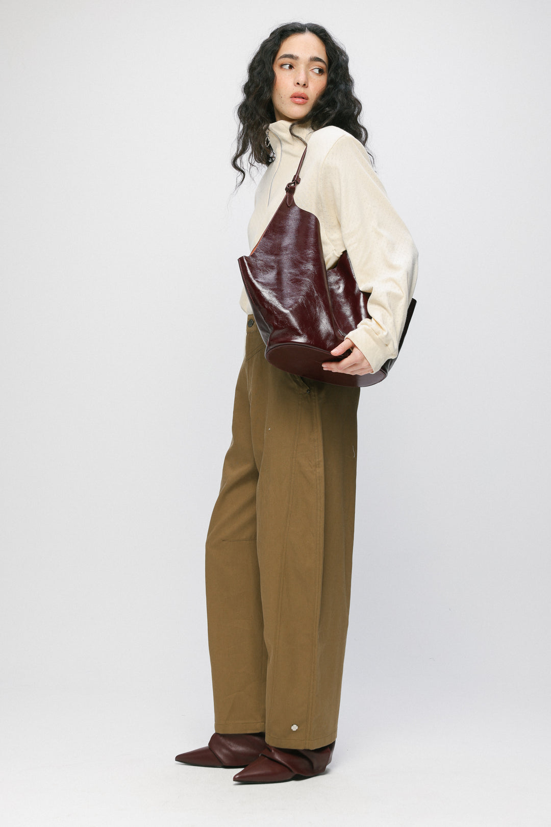 Shiny Brown Leather Shoulder Bag