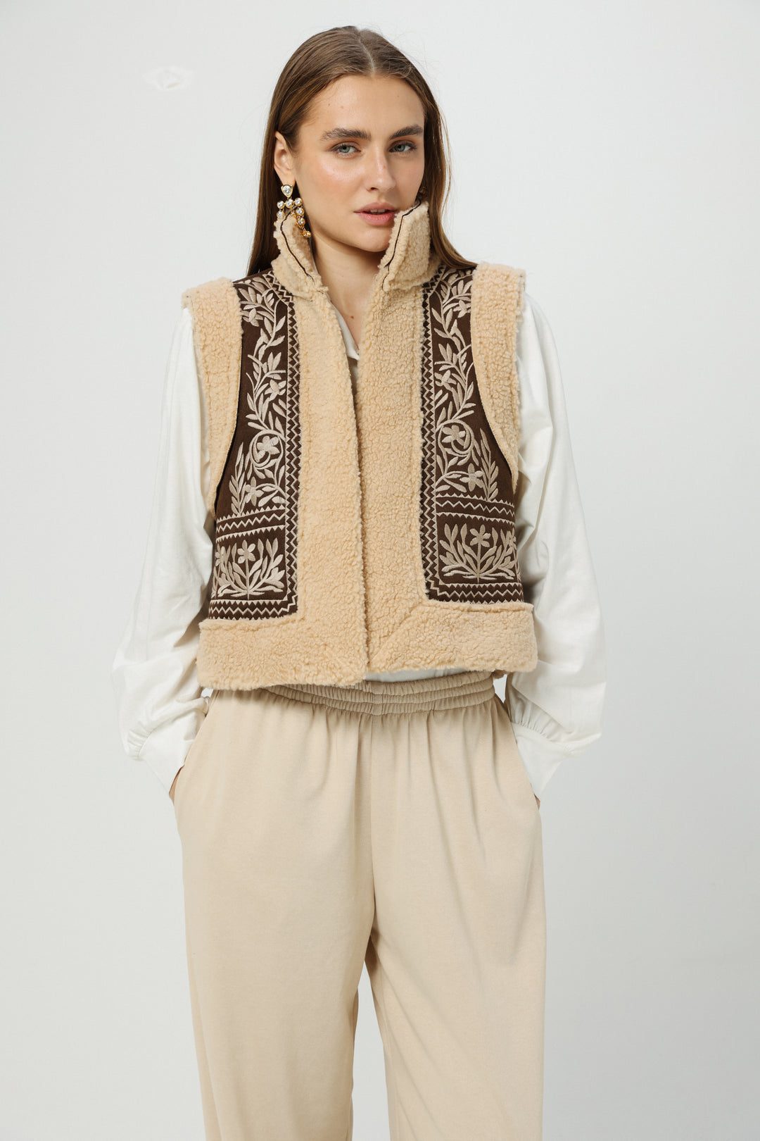 Cozy Brown Embroidered Vest