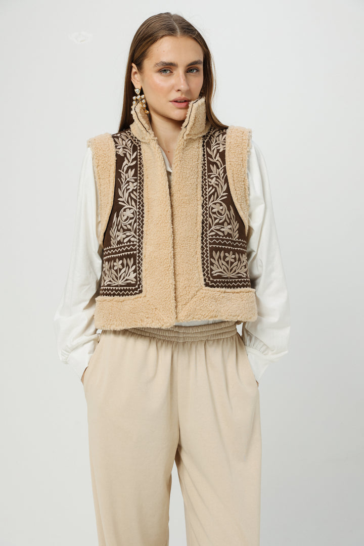 Cozy Brown Embroidered Vest