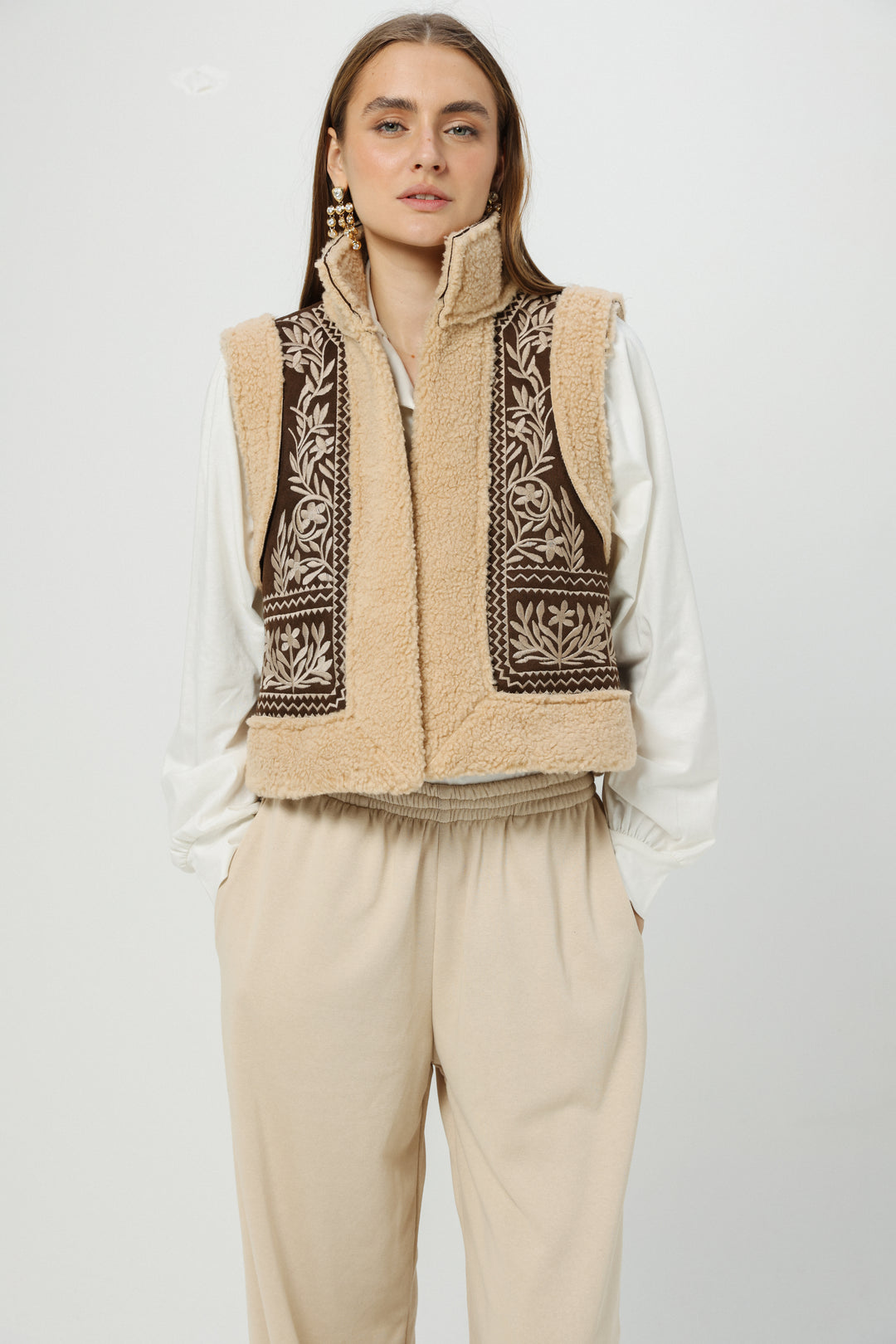 Cozy Brown Embroidered Vest