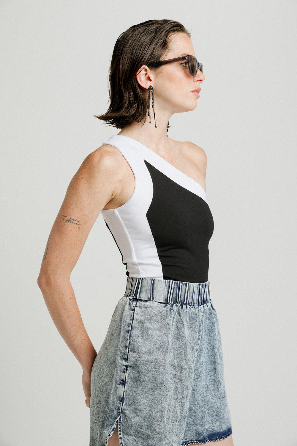 Mixed Black One Shoulder Top