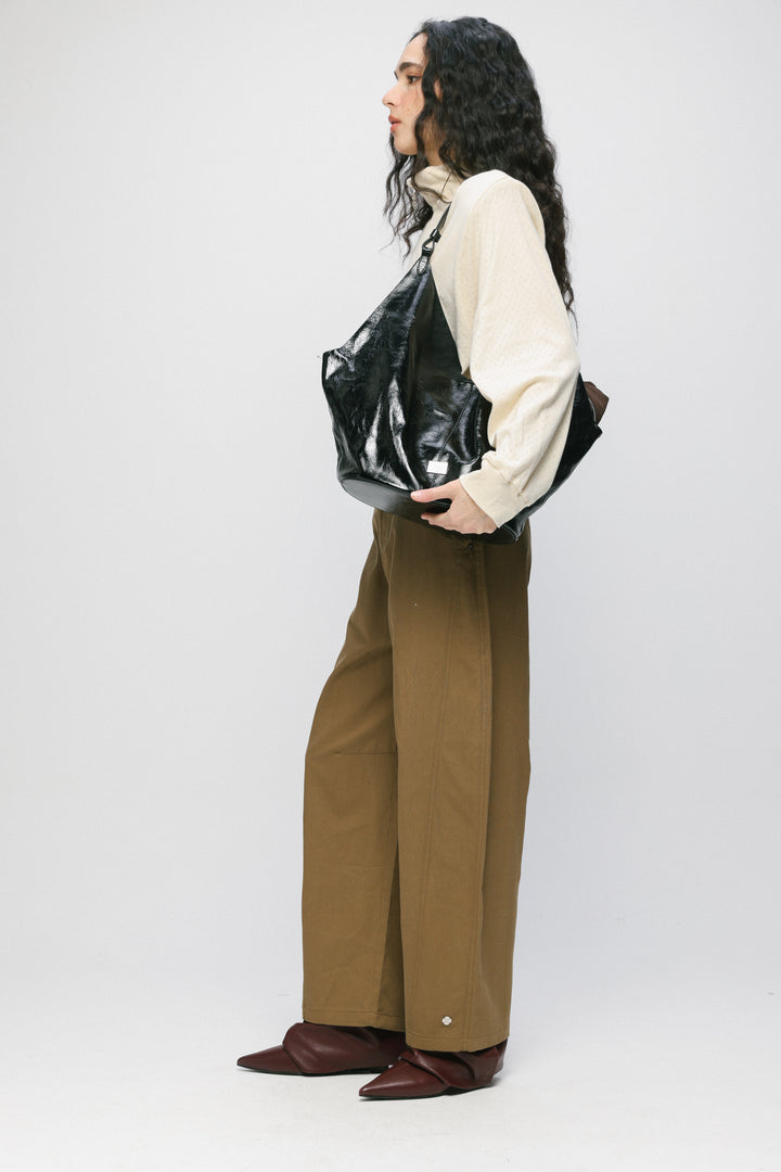 Shiny Black Leather Shoulder Bag