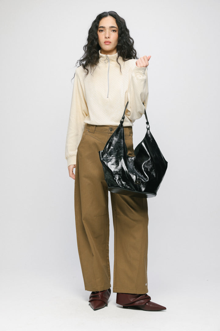 Shiny Black Leather Shoulder Bag