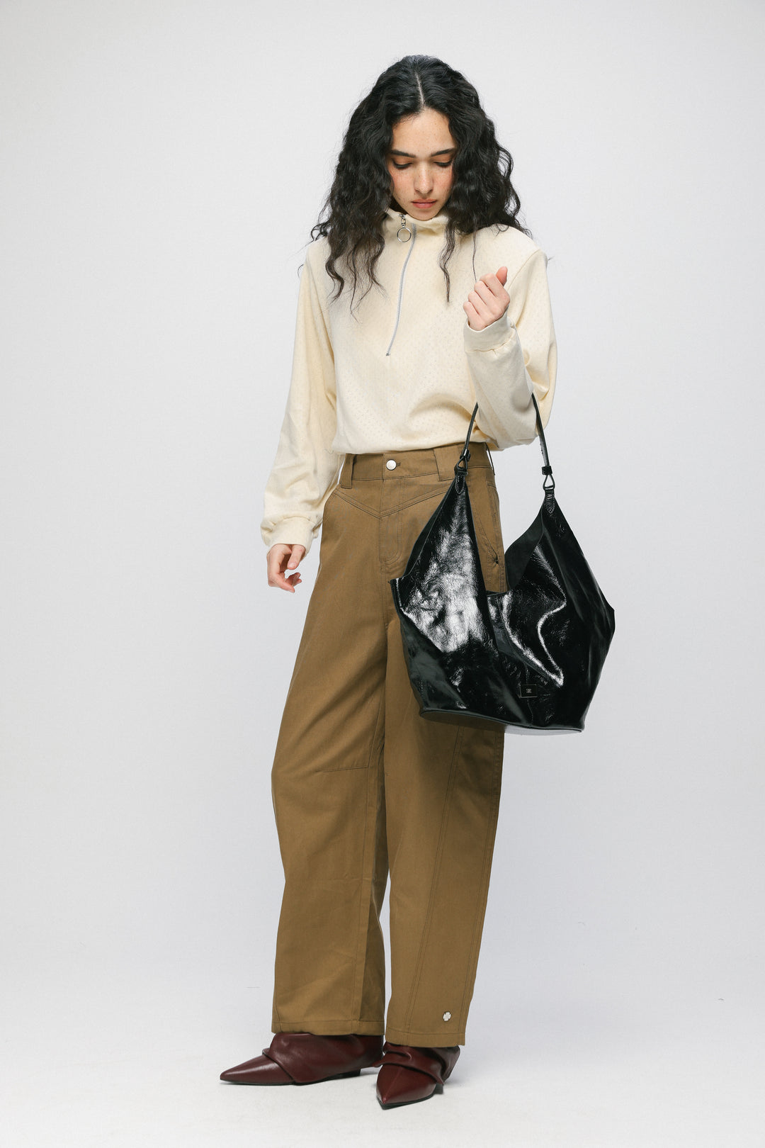 Shiny Black Leather Shoulder Bag