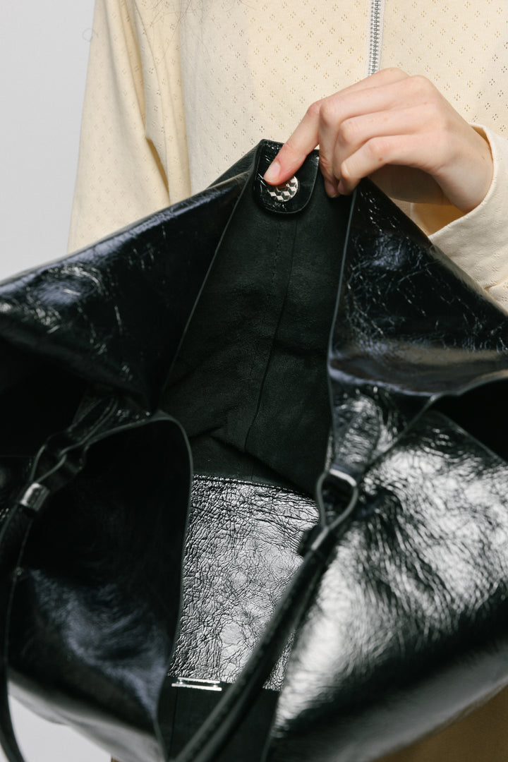 Shiny Black Leather Shoulder Bag