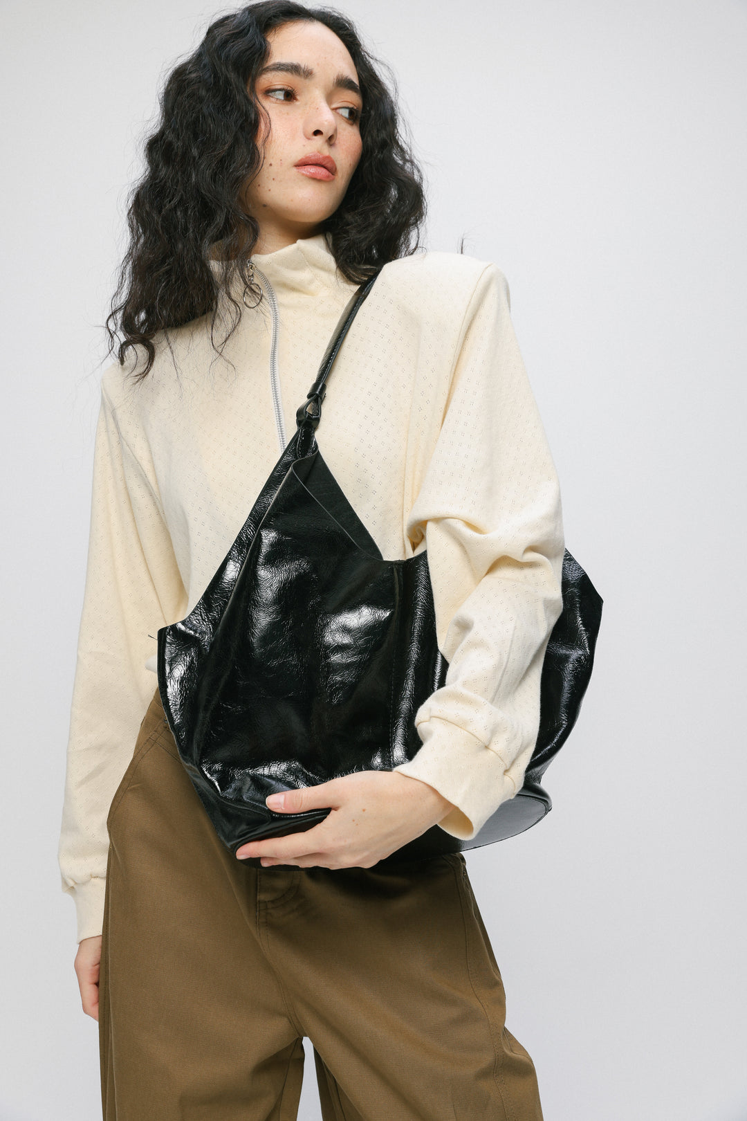 Shiny Black Leather Shoulder Bag