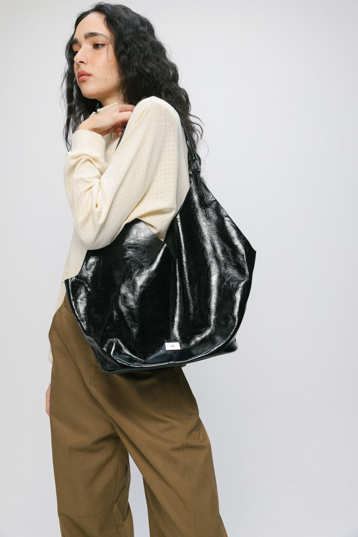 Shiny Black Leather Shoulder Bag