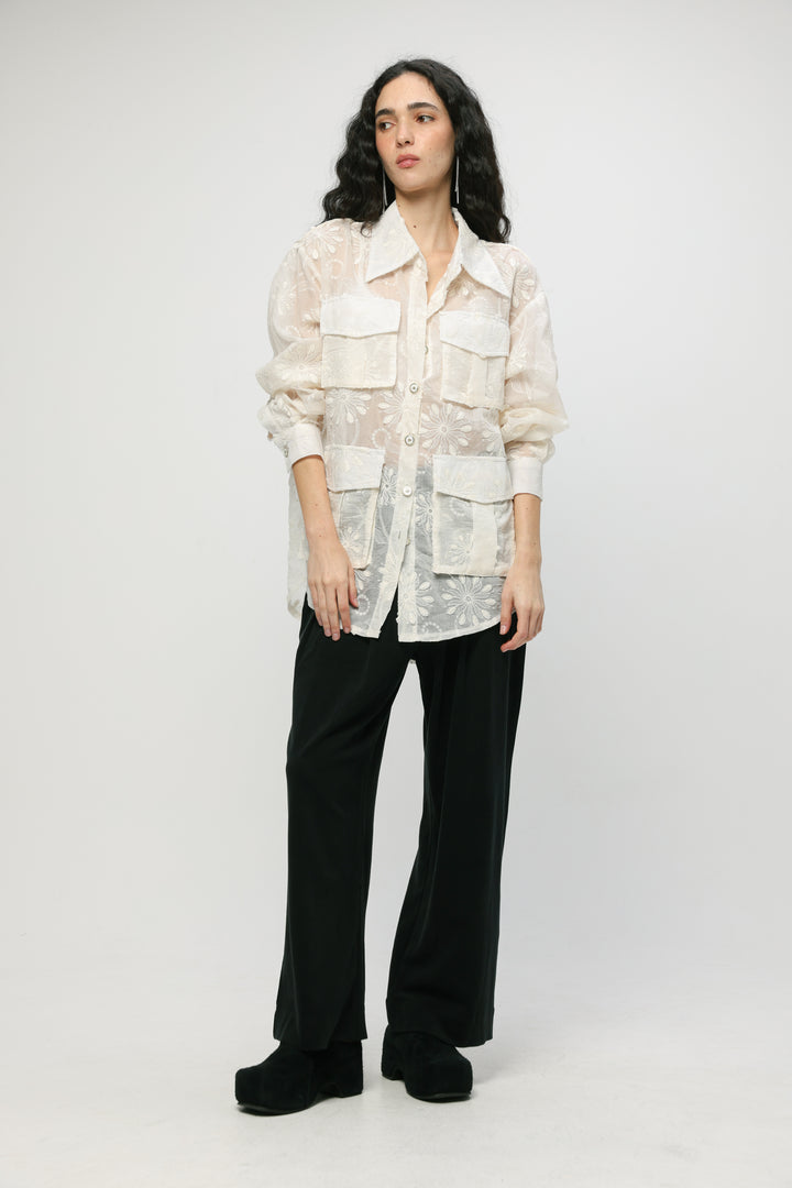 Pockets Cream Floral Buttoned Shirt