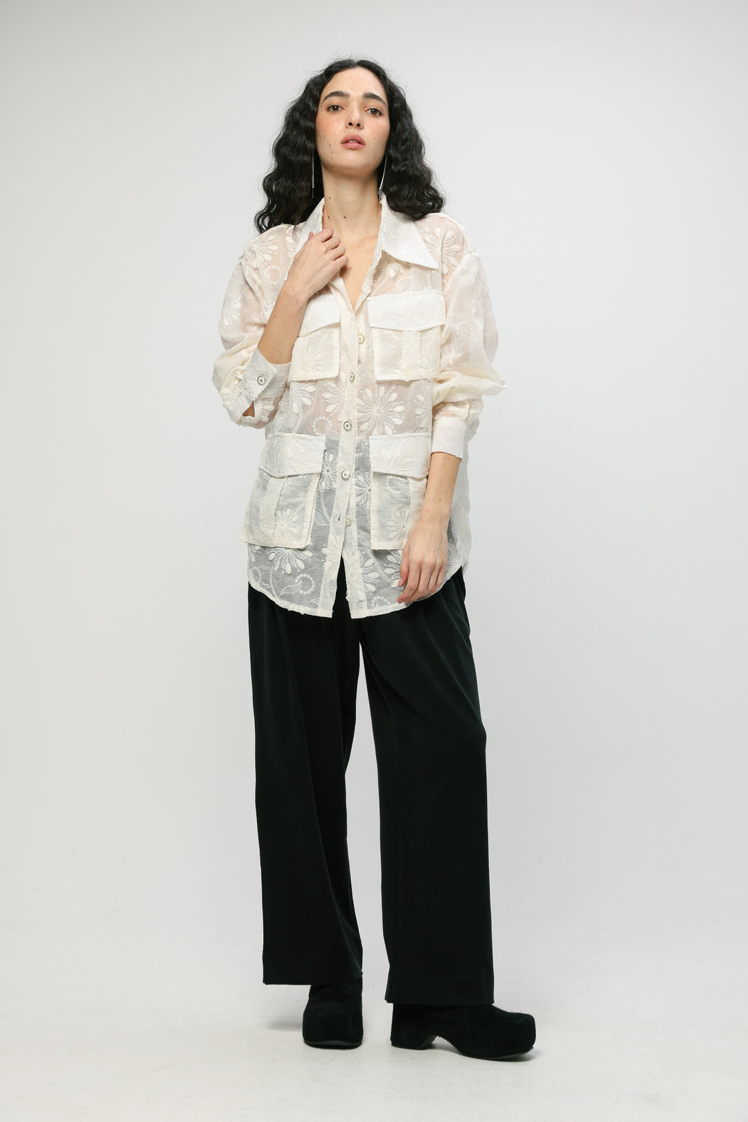 Pockets Cream Floral Buttoned Shirt