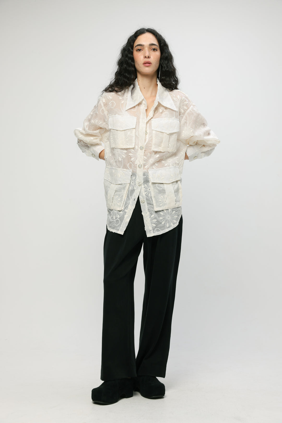 Pockets Cream Floral Buttoned Shirt