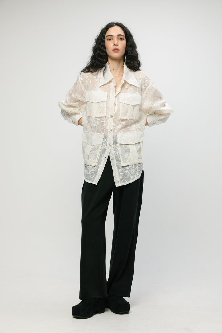 Pockets Cream Floral Buttoned Shirt