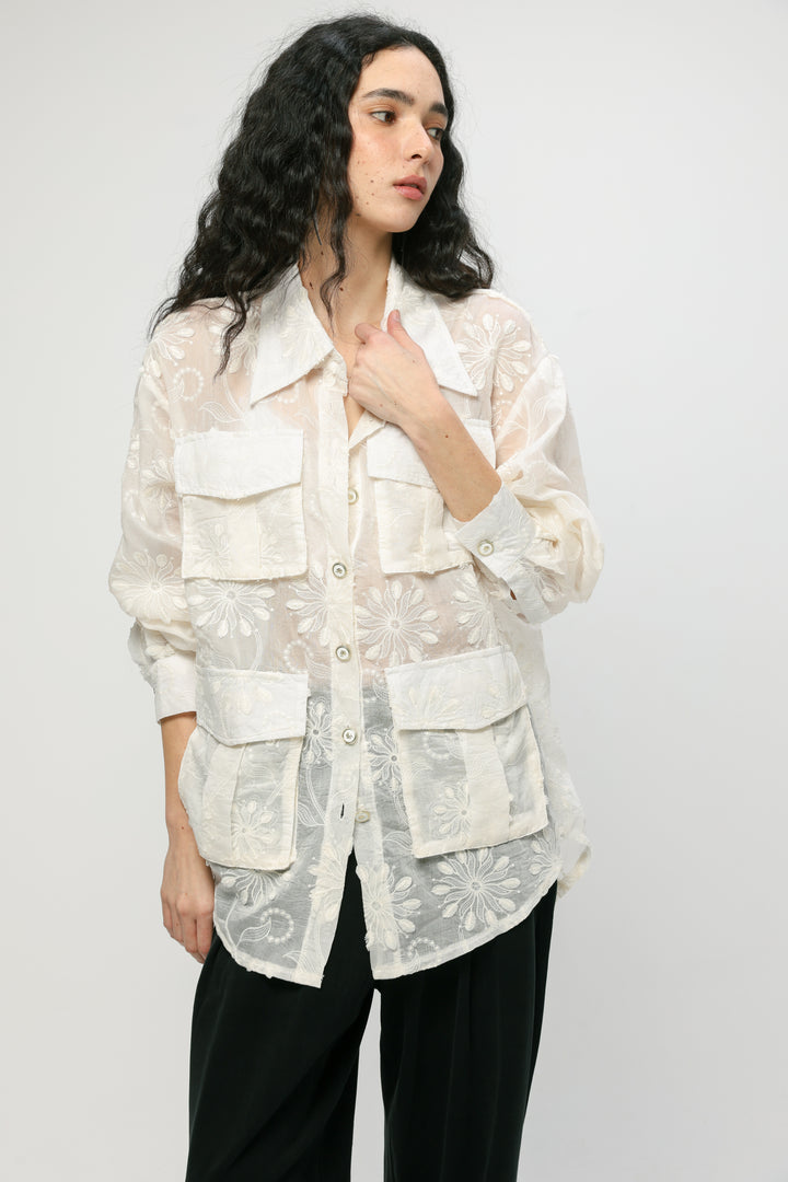Pockets Cream Floral Buttoned Shirt