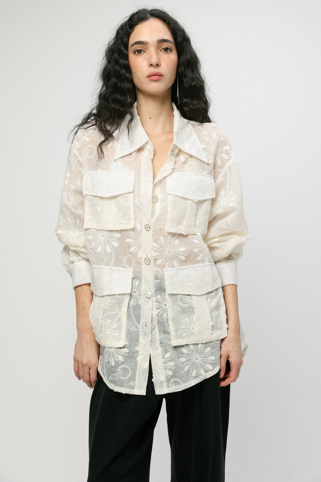 Pockets Cream Floral Buttoned Shirt