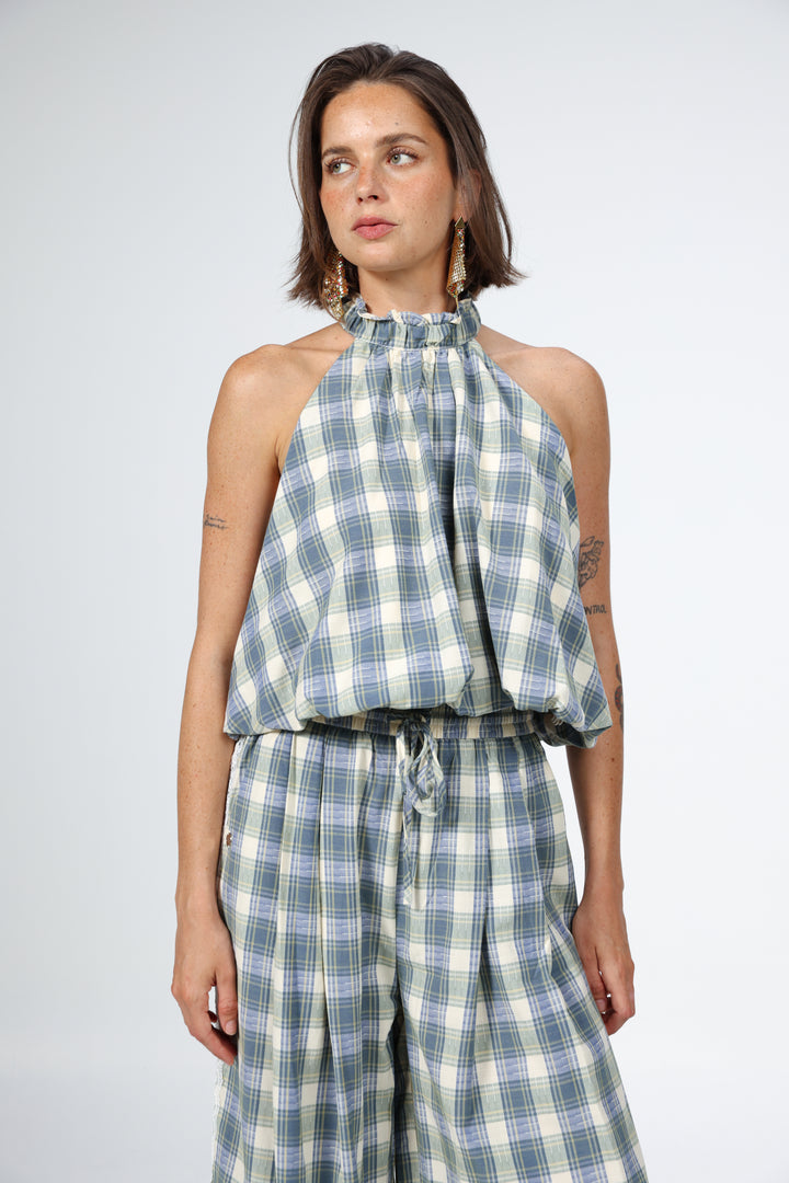 Blue Checkered Halter Tank