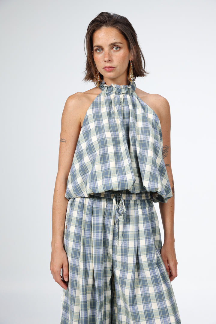 Blue Checkered Halter Tank