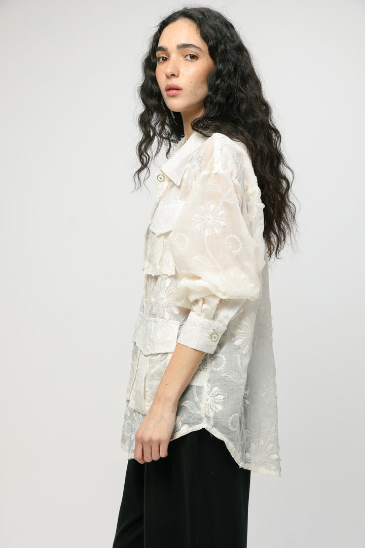 Pockets Cream Floral Buttoned Shirt