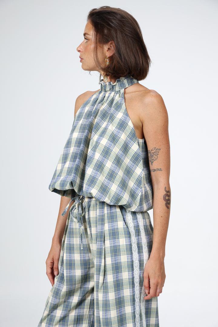Blue Checkered Halter Tank