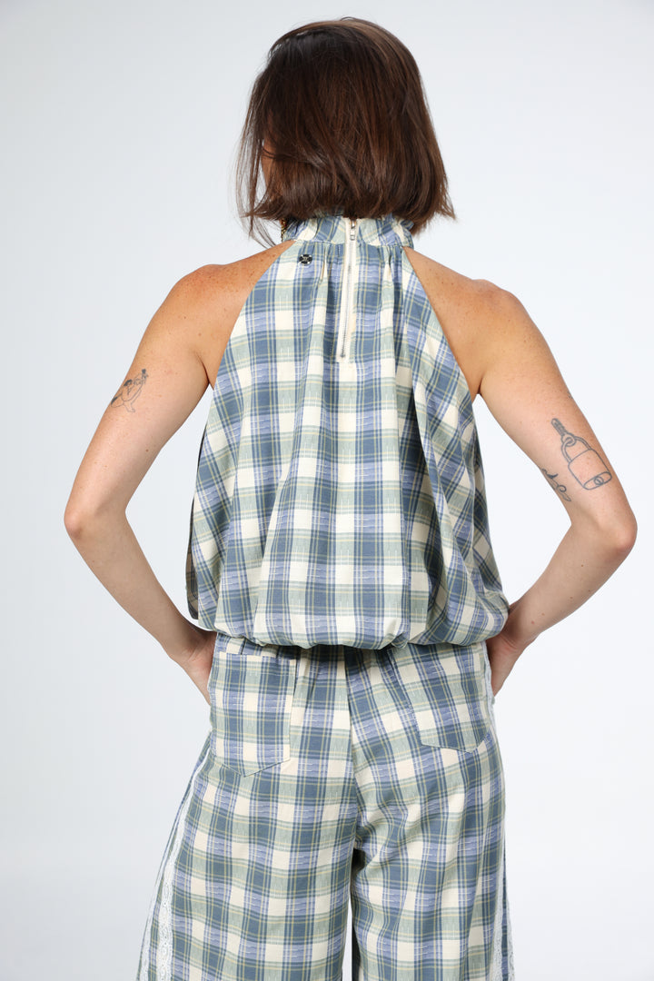 Blue Checkered Halter Tank