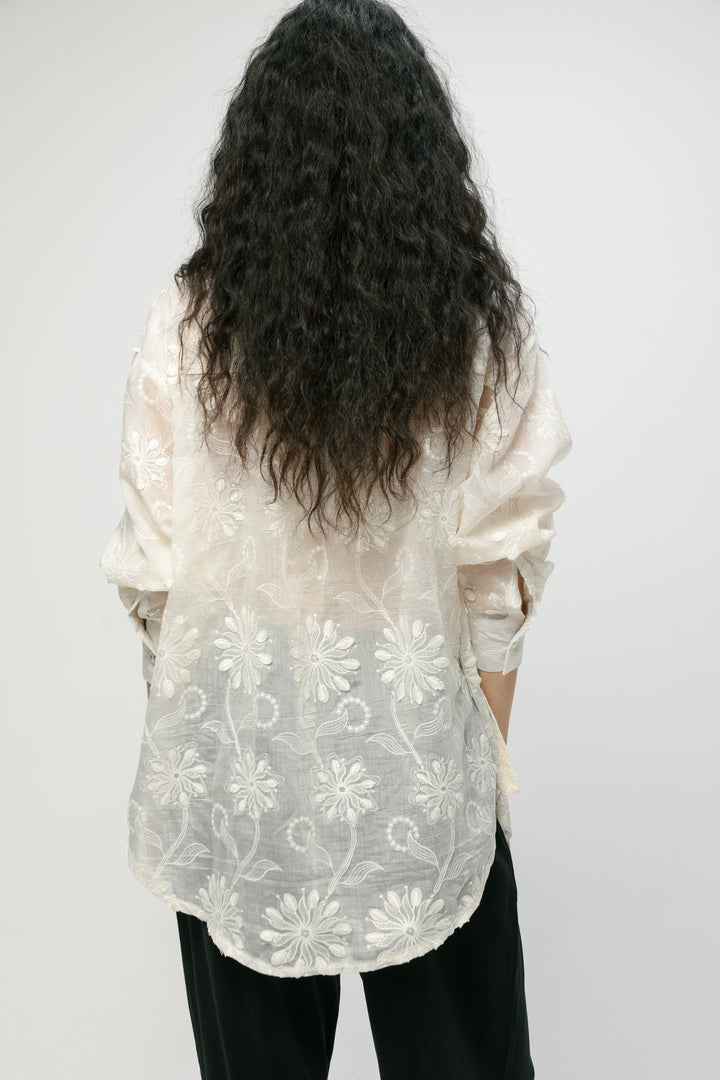 Pockets Cream Floral Buttoned Shirt