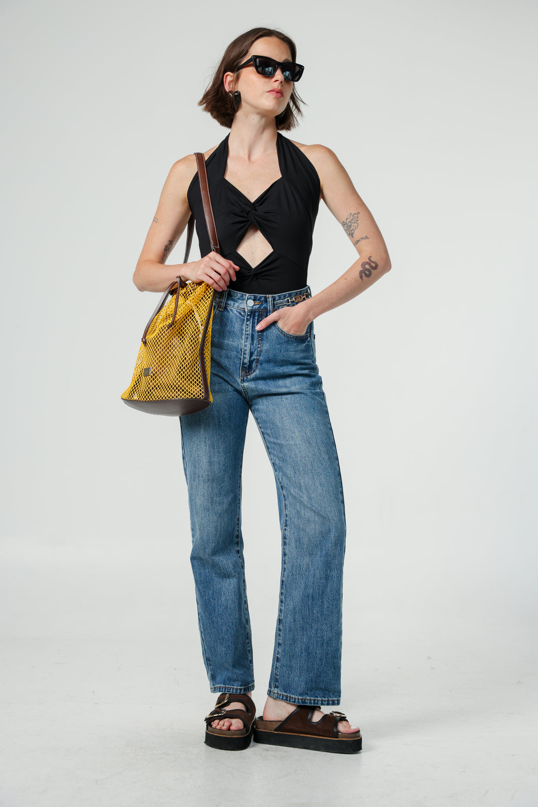 תיק דלי צהוב לאישה Mustard/Brown Net Bucket Bag