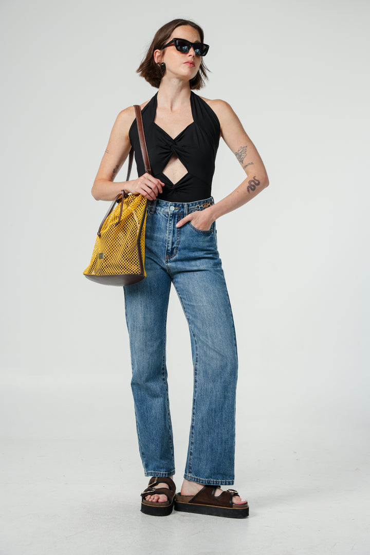 תיק דלי צהוב לאישה Mustard/Brown Net Bucket Bag
