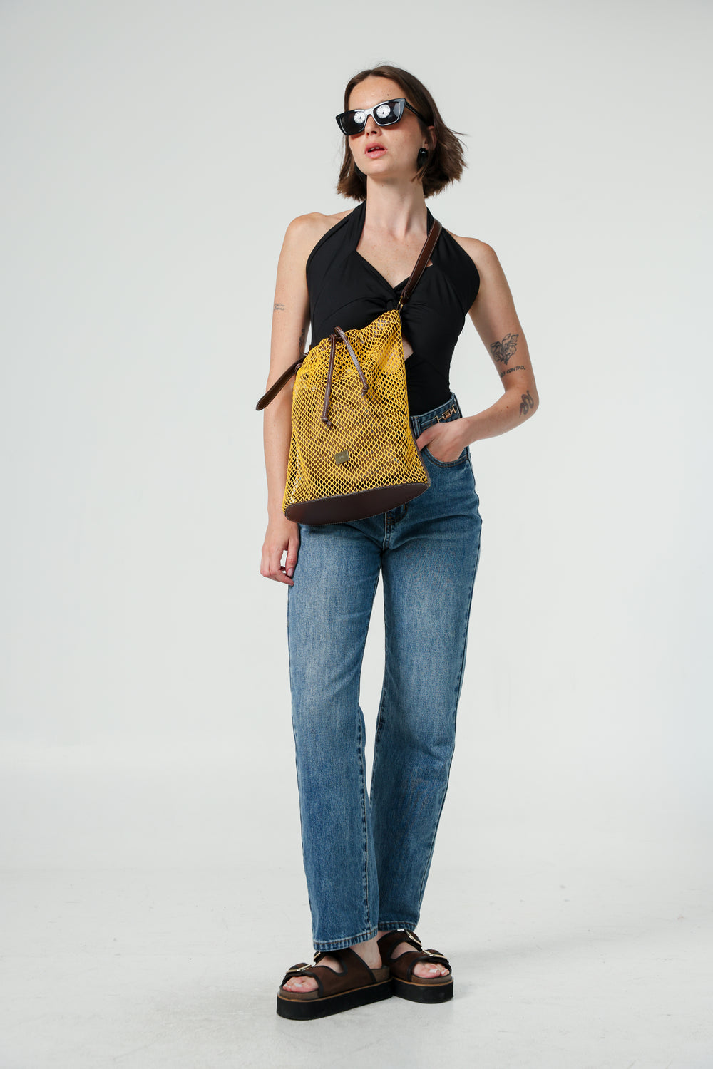 תיק דלי לנשים דגם Mustard/Brown Net Bucket Bag 