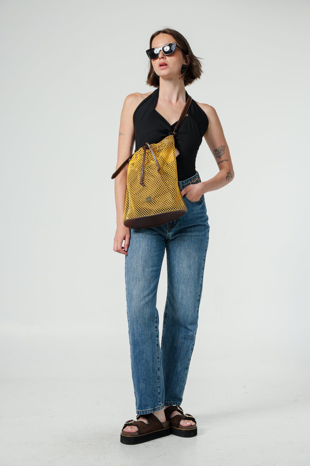 תיק דלי לנשים דגם Mustard/Brown Net Bucket Bag 
