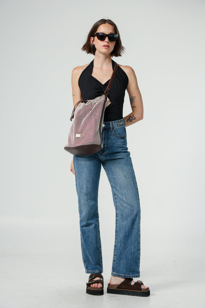 תיק רשת לבנה Cream/Burgundy Net Bucket Bag