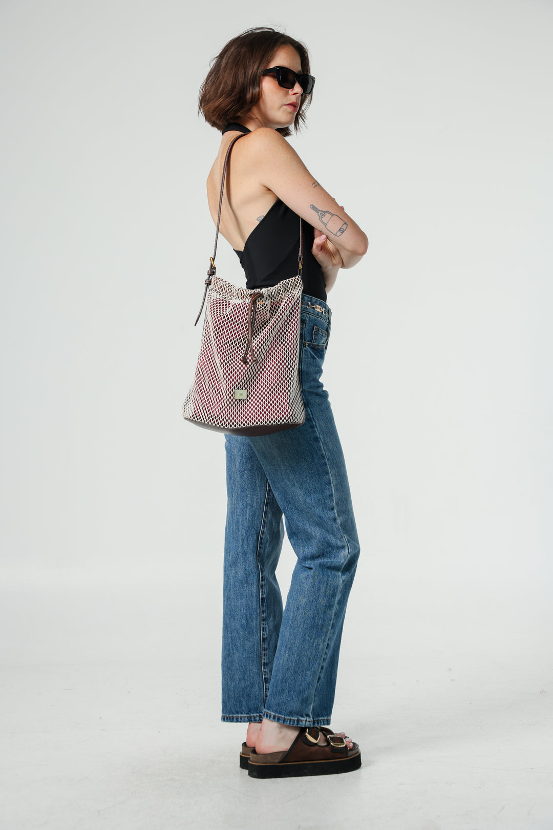 תיק רשת דלי לבן Cream Net Bucket Bag