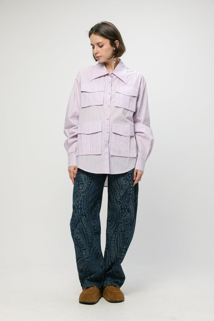 Pockets Pink Striped Buttoned Shirt