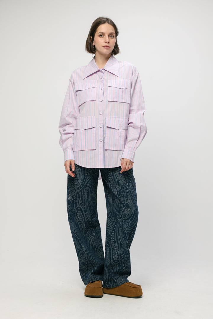 Pockets Pink Striped Buttoned Shirt