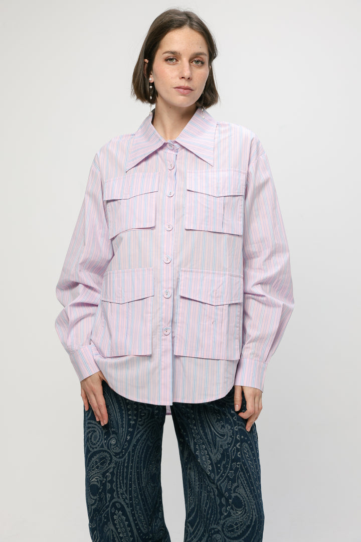 Pockets Pink Striped Buttoned Shirt