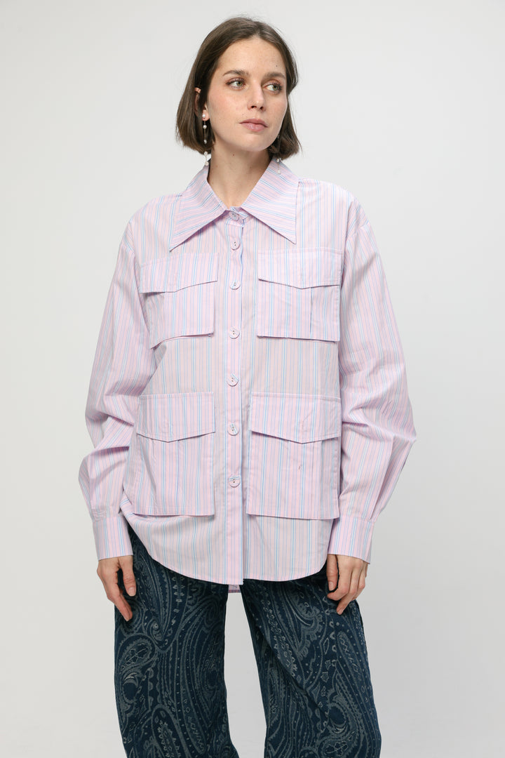 Pockets Pink Striped Buttoned Shirt