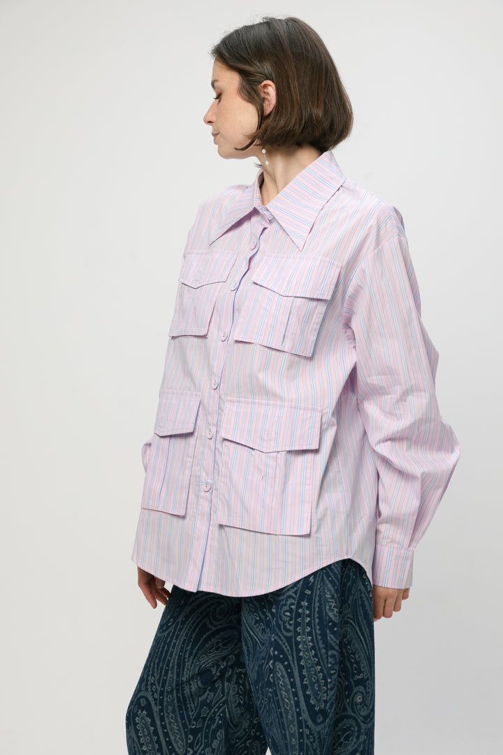 Pockets Pink Striped Buttoned Shirt